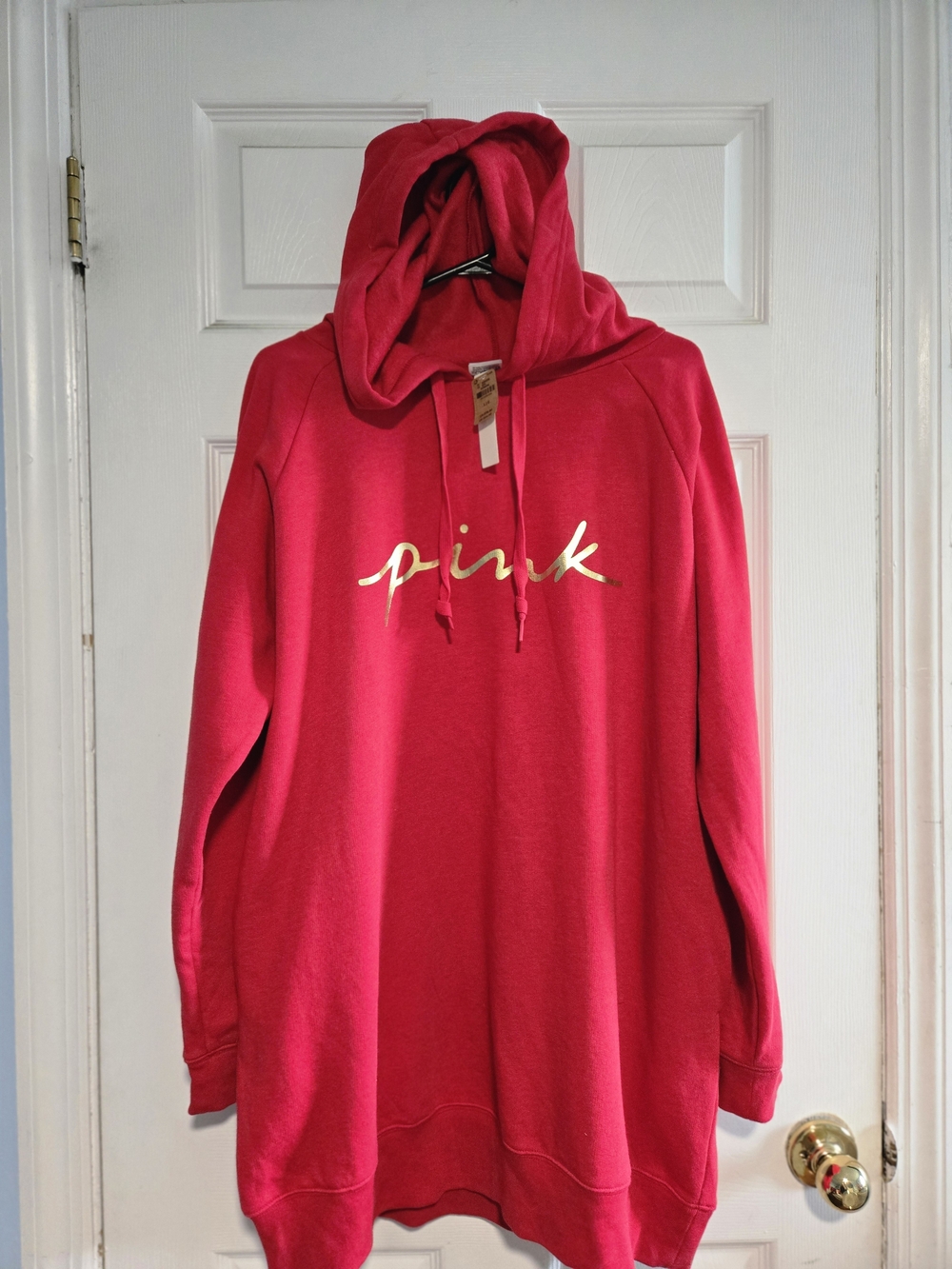 NWT PINK  Red Tunic Hooded Sweater with Gold Script Logo